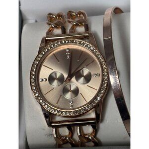 Rose Gold I.N.C. Womens Watch & Bracelet Set With Crystal Accents